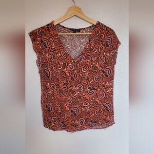 💚5/$25 Rachel Zoe Red and Black Paisley Blouse Ruffle Cap Sleeve Suze Large